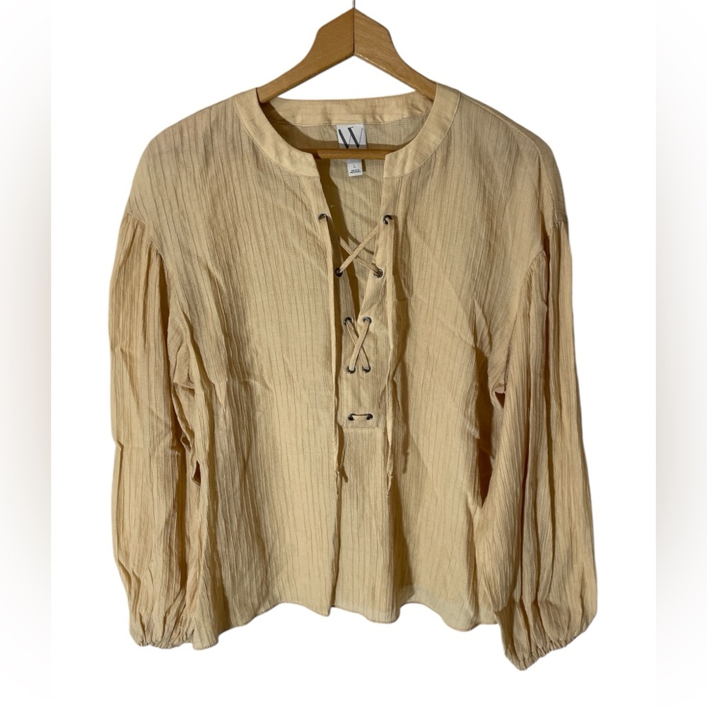 G6- Worthington Women’s Large Beige Blouse with Lace-Up Detail